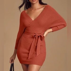 NWT Lulus Modena Rust Brown Dolman Sleeve Bodycon Sweater Dress Sz M Ribbed Knit